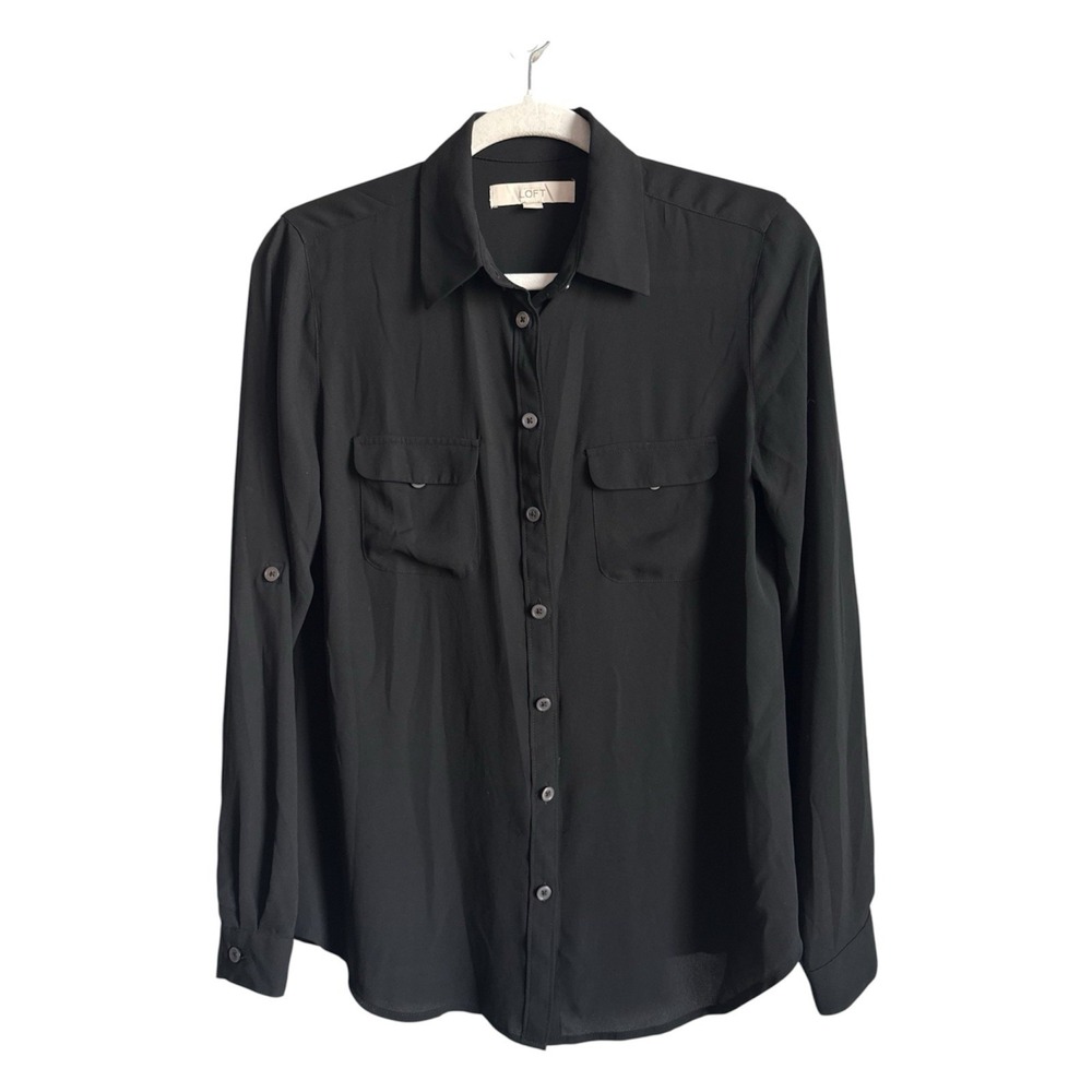 LOFT Black Utility Blouse Shirt Long Sleeve Roll Tab Button Down Pocket Top S